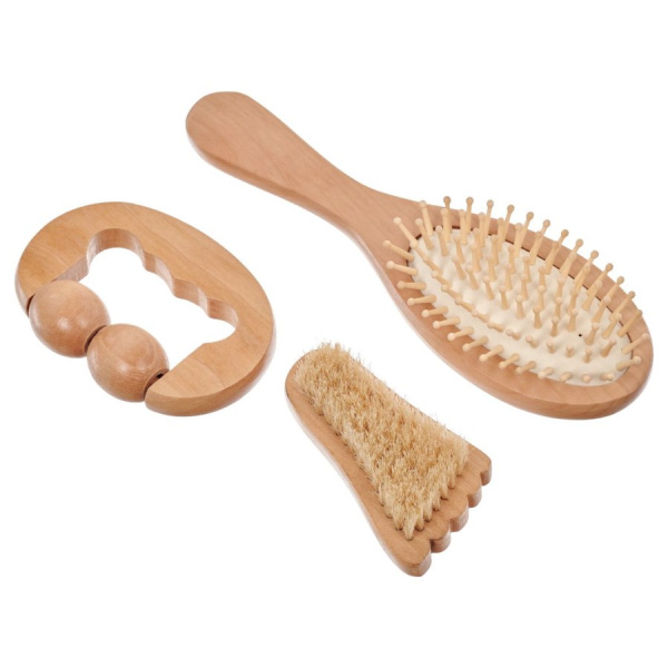 Набор подарочный расчёска, деревянный антицеллюлитный массажер, щётка с щетиной KZ0955 